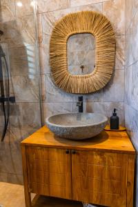 a bathroom sink with a mirror on top of a wooden cabinet at Les Clos de L Albatros in Saint-Paul +13 photos