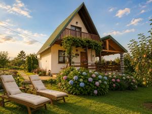 a house with two chairs and flowers in the yard at Guesthouse Mreznica- Mreznicka Idila resort in Galović-Selo