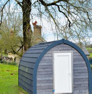 a blue shed with a white door in a field at Orchard Pod in Oswestry