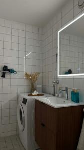 a bathroom with a washing machine and a sink at Charming room central Oslo in Oslo