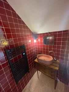 a bathroom with a sink and red tiled walls at La maisonnette in Saussemesnil +4 photos