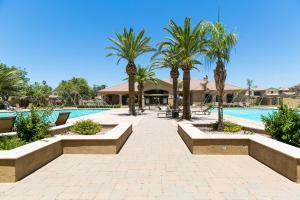 a resort with a pool and palm trees and benches at Mesa Palms Ferro in Mesa