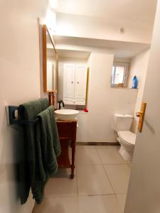 a bathroom with a sink and a toilet and a mirror at L'aube de Pierre in Saint-Pons-de-Thomières +20 photos