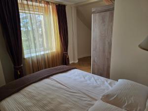 ein Schlafzimmer mit einem Bett und einem Fenster in der Unterkunft Parko7 apartamentai in Plateliai