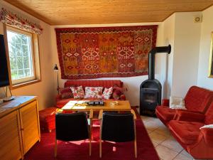 a living room with a red couch and a wood stove at Ginkgo House in Kehidakustány +54 photos
