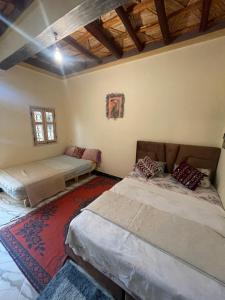 a bedroom with two beds and a red rug at Red Rocks Guest House in Tamellalt