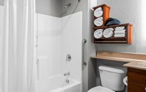 a bathroom with a toilet and a shower and towels at My Place Hotel-Missoula, MT in Missoula