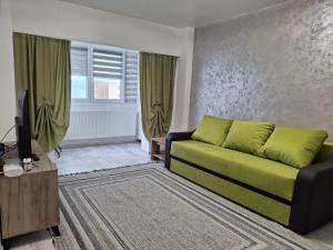 a living room with a green couch and a television at Ioana Home in Râmnicu Vâlcea