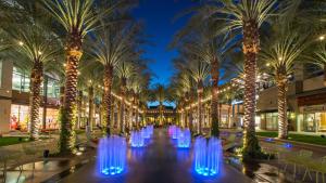 a row of palm trees with lights in a mall at Scottsdale Camelback in Scottsdale