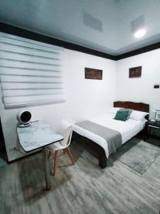 a bedroom with a bed and a table with a chair at Cozy Studio Rohrmoser in San José