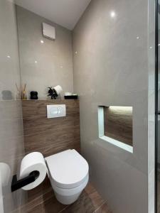 a bathroom with a toilet and a glass shower at Apartman Tomislav in Slavonski Brod +7 photos