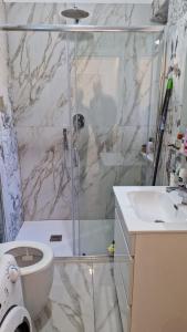 a bathroom with a shower and a toilet and a sink at Casa Jenny sul mare in Scalea