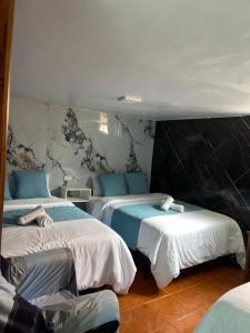 a bedroom with two beds with blue pillows at Dalejadrohouse in Baños