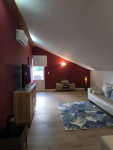 a living room with a couch and a tv at Espaço Roteiro de Mimos in São Vicente Ferreira