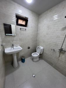 a bathroom with a toilet and a sink at Duplex Vakhrama in Abastumani