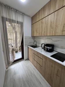 a kitchen with wooden cabinets and a sink and a window at Duplex Vakhrama in Abastumani