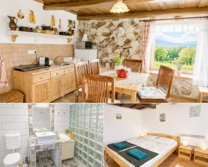 a kitchen and dining room with a table and chairs at 100 éves Présház in Badacsonyörs +39 photos