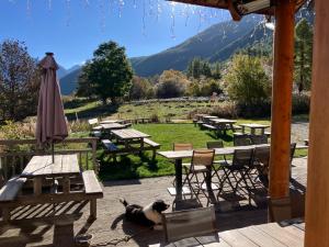 a dog laying on a patio with picnic tables and an umbrella at Ferme de la Clarée in Névache