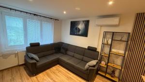 a living room with a couch and a book shelf at Rondel in Žilina