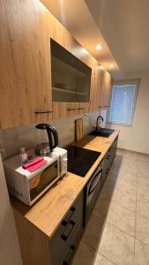 a kitchen with a counter with a microwave on it at Rondel in Žilina