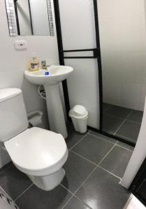 a bathroom with a toilet and a sink and a shower at Hotel las Palmas Lejanías - Meta in Lejanías