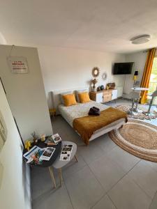 a bedroom with a bed and a table and a television at Studio tout équipé centre Erbalunga in Brando