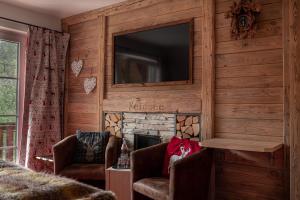 a living room with a fireplace and a television on a wall at Hotel & Restaurant Grüner Baum - Die Grüne Oase Am Feldberg in Feldberg