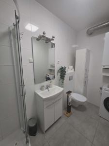 a white bathroom with a sink and a toilet at Apartament Anny 1 in Grodzisk Mazowiecki