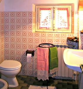 y baño con aseo, lavabo y toallas. en Il Mulino Di Pianello, en Molezzano