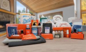 a pile of products sitting on a table at Red Bungalow Vallecito Studio Cabin near Durango, CO in Bayfield