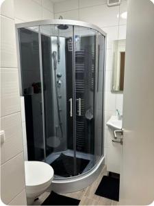 a bathroom with a shower with a toilet and a sink at Mitte Drin! Nahe Düsseldorf in Hilden