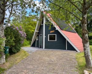 a blue house with a red roof at Utpuster in Lauwersoog