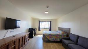 a living room with a couch and a bed at Sierra Crossing Motel in Bloomington