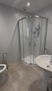 a bathroom with a shower and a toilet and a sink at Sperrin Way Apartment in Newtownstewart