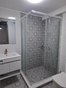 a bathroom with a shower with a toilet and a sink at Plomari Rum Evi in Plomari +29 photos
