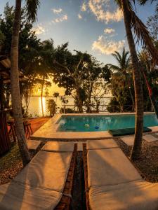 a swimming pool with palm trees in front of the water at Villas Karalv in Bacalar