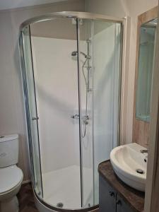 a bathroom with a shower and a toilet and a sink at Crescent Lodge in Forton +20 photos