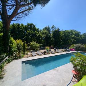 a swimming pool with lounge chairs and a tree at Hostelry restaurant privé in Écully