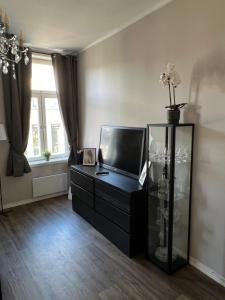 ein Wohnzimmer mit Fernseher und Glasschrank in der Unterkunft Harmony in Oslo