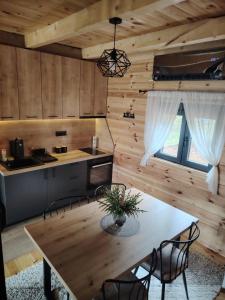 a kitchen and dining room with a table in a cabin at Durmitor sky in Žabljak
