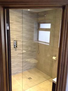 サンダースフットにあるPen Coed Cwtch Apartmentのバスルーム(ガラスドア付きのシャワー付)