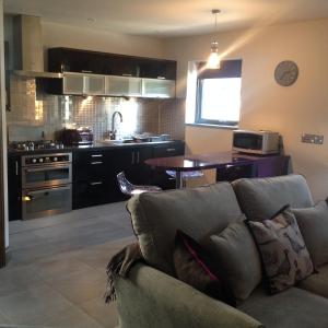 sala de estar con sofá y cocina en Pen Coed Cwtch Apartment en Saundersfoot