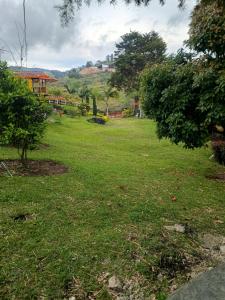 a field of green grass with a house in the background at PUEBlA in Marinilla