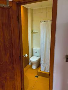 a bathroom with a toilet and a shower curtain at Hostel Hotzenplotz Alegre in Valparaíso