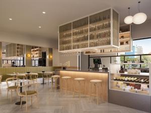 a rendering of a restaurant with stools and a bar at The Sebel Parramatta in Sydney