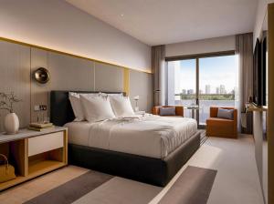 a hotel room with a bed and a large window at The Sebel Parramatta in Sydney