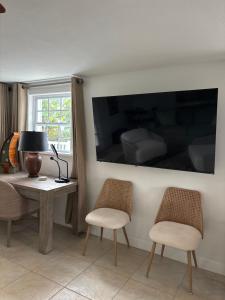 a room with a desk and two chairs and a window at LasPalmas Beach Rentals,3 in Bradenton Beach