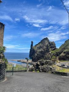 a rock with a statue on it next to the ocean at Rdj A in Porto Moniz