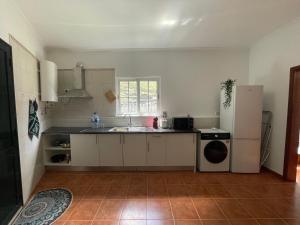 a kitchen with a white refrigerator and a sink at Rdj A in Porto Moniz