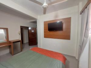 a bedroom with a bed and a flat screen tv on the wall at Hotel Sancer in Coronel Oviedo